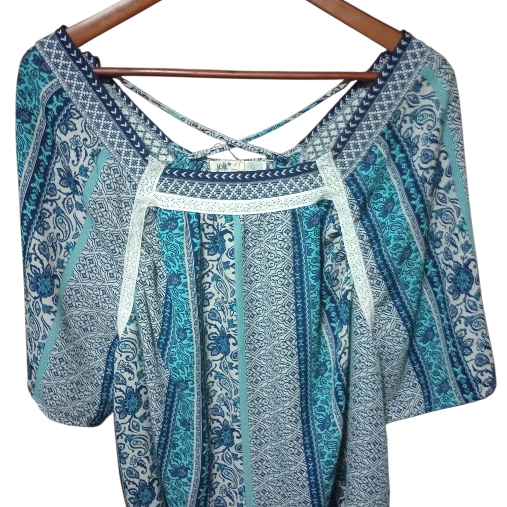 Jolt Teal & White Geometric Pattern Blouse Large